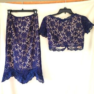 2 pc. Navy blue Lace skirt and Crop top set